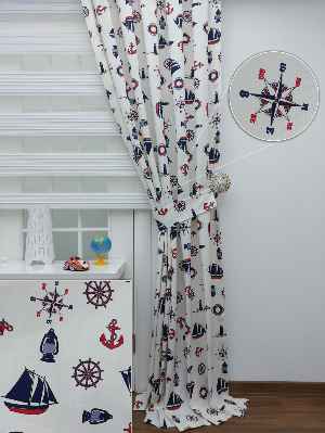 Fon Perde Denizci - Çapalı Fon Perde ( Kalın Pamuklu Kumaş )- Lacivert-mavi-kırmızı