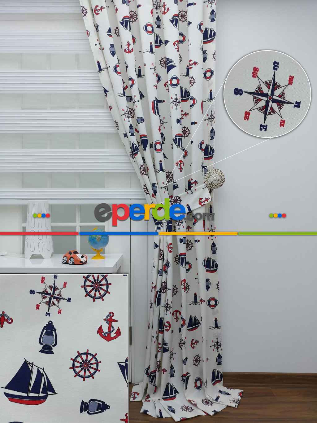 Fon Perde Denizci - Çapalı Fon Perde ( Kalın Pamuklu Kumaş )- Lacivert-mavi-kırmızı
