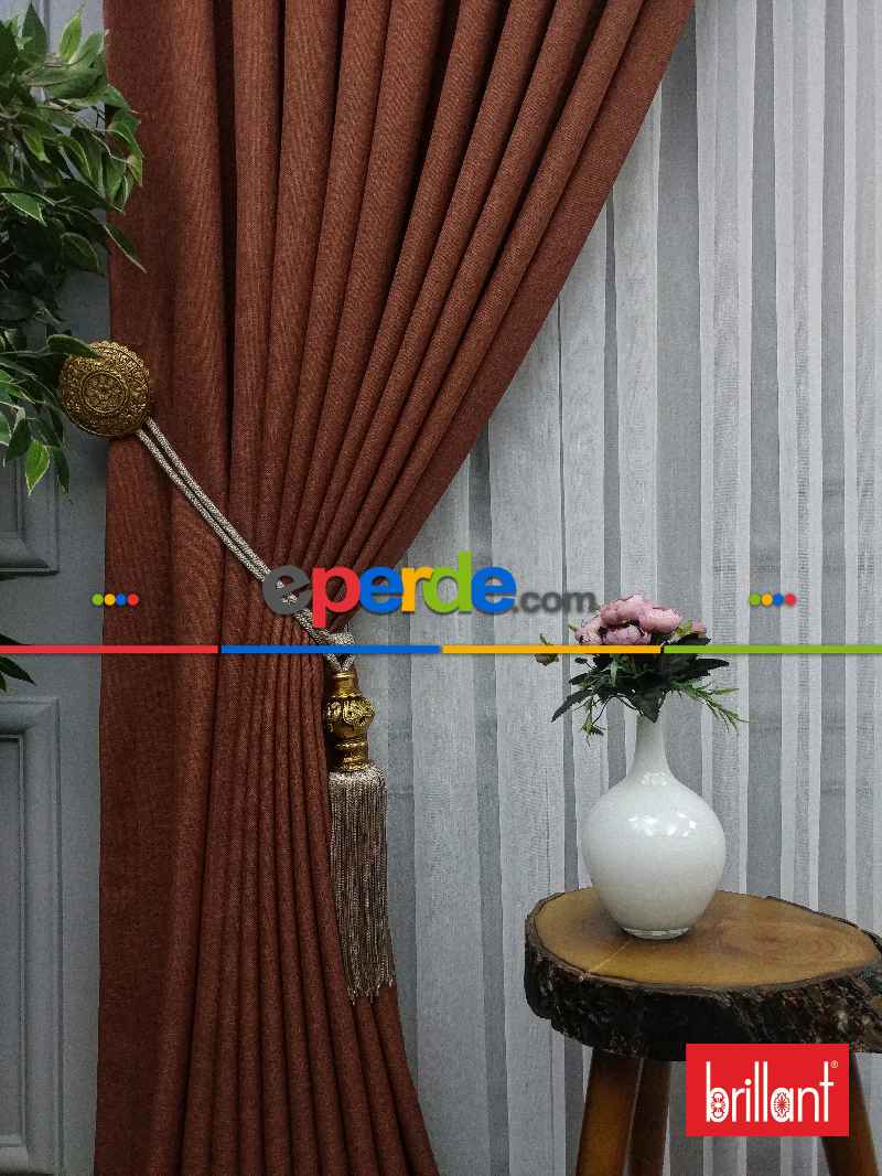 Brillant Keten Kiremit Renk Düz Fon Perde - Kiremit Rengi