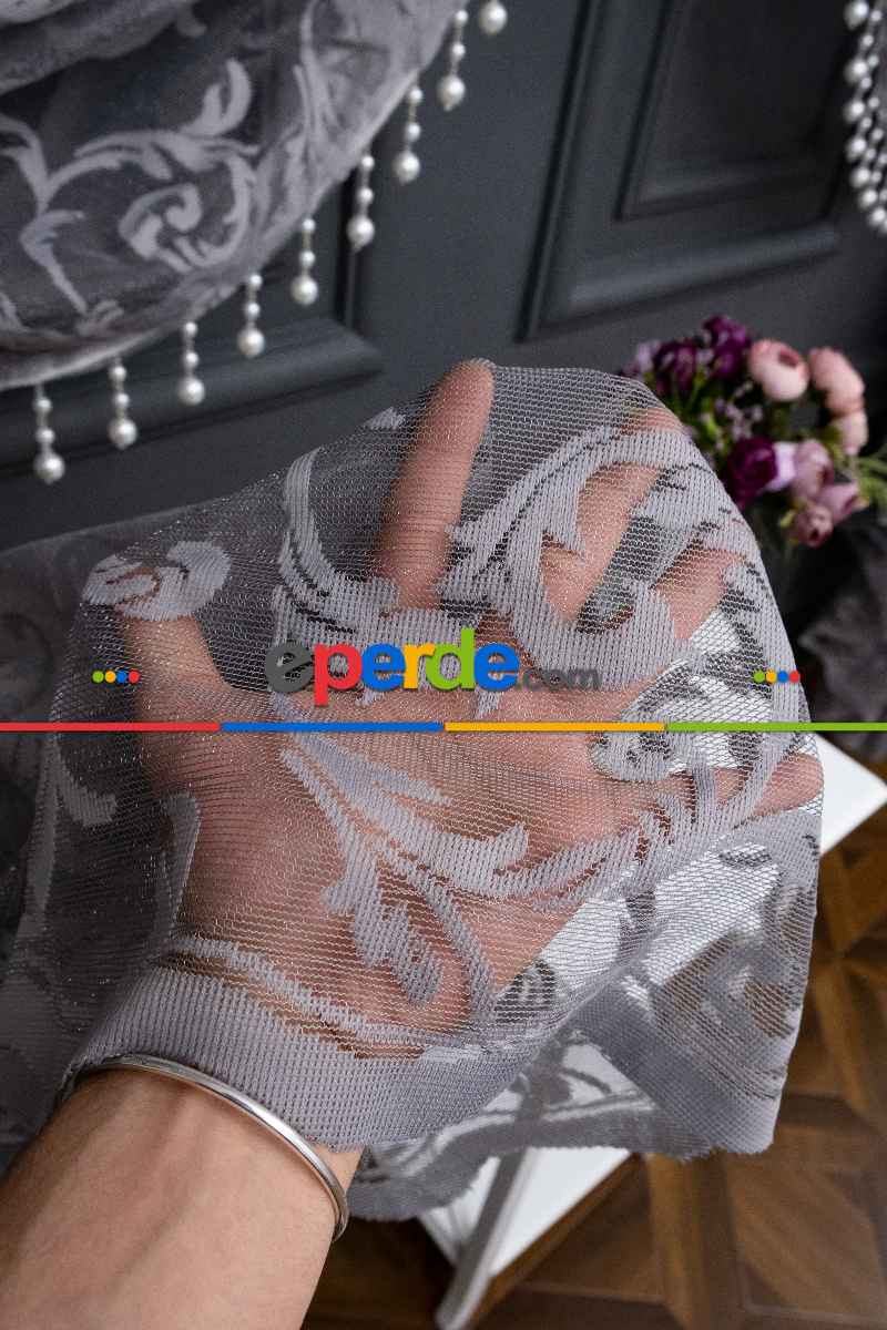 Gri Sarmaşık Desen Tül Kruvaze Şal Tül Perde Yanki Tül - Düz Model Sipariş Seçeneği - Yatak Odası Tül