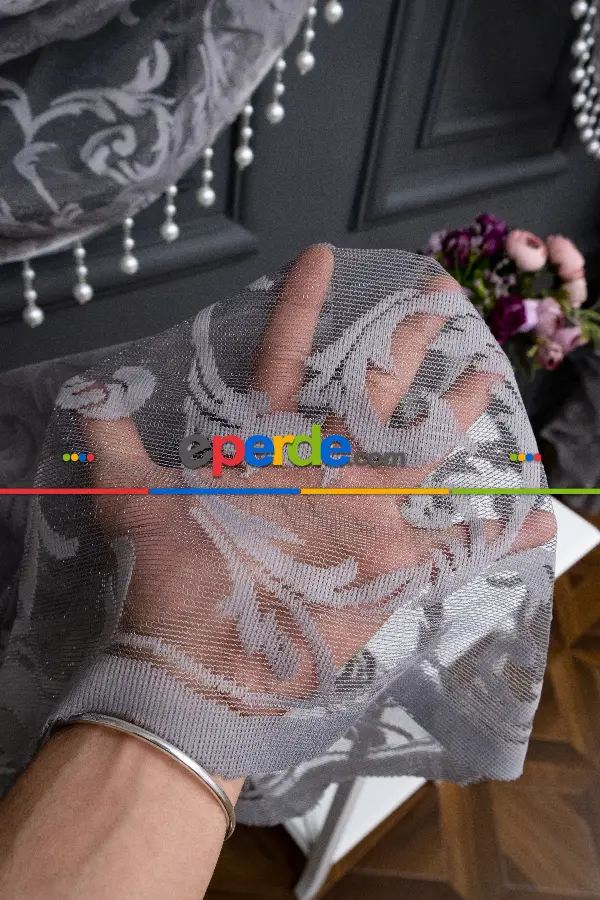 Gri Sarmaşık Desen Tül Kruvaze Tül Perde Yanki Tül