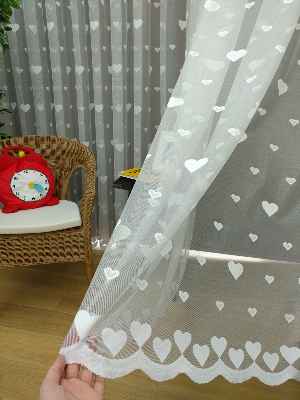 Çocuk Odası Tül Perde - Kalp Desen Örme Tül Perde- Ekru