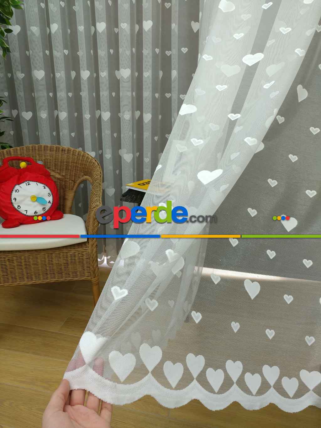 Çocuk Odası Tül Perde - Kalp Desen Örme Tül Perde- Ekru