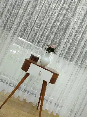 Etek Ucu Desenli Boyuna Çizgili Tül Perde ( Hazır Ölçü 1/2.5 Normal Pile )- Ekru 200cm X 195cm 