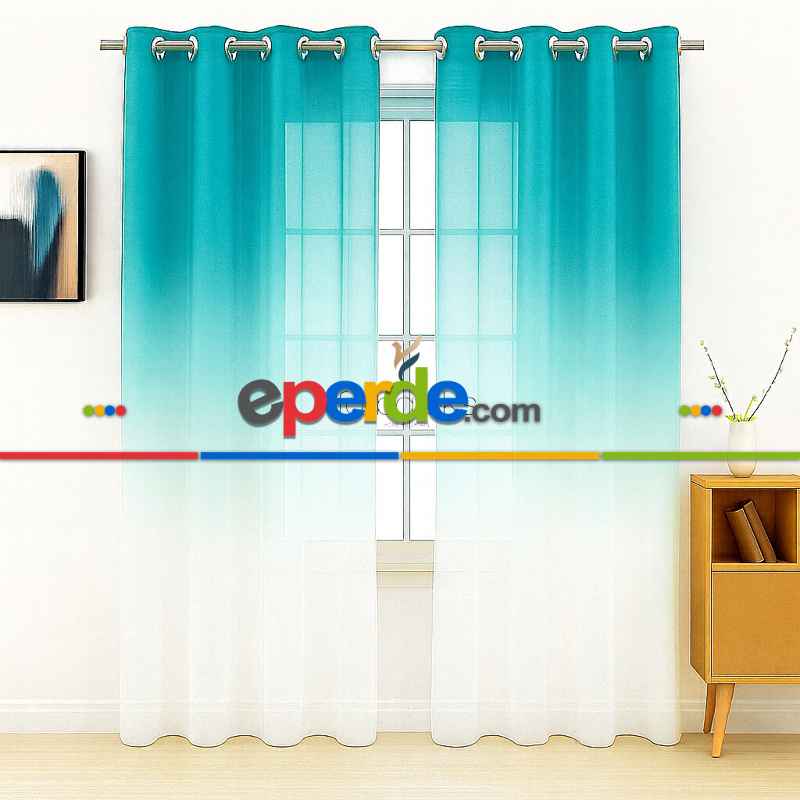 Yeşil Petrol Renk Renkli Degrade Rustik Tül Perde