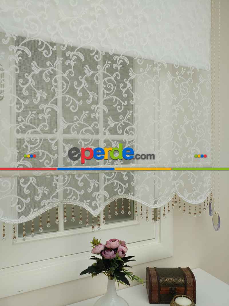 Yatak Odası - Yeni Sezon!! Çiftli Sistem Tül Stor Perde Ve Stor Perde- Şal Desen Ekru