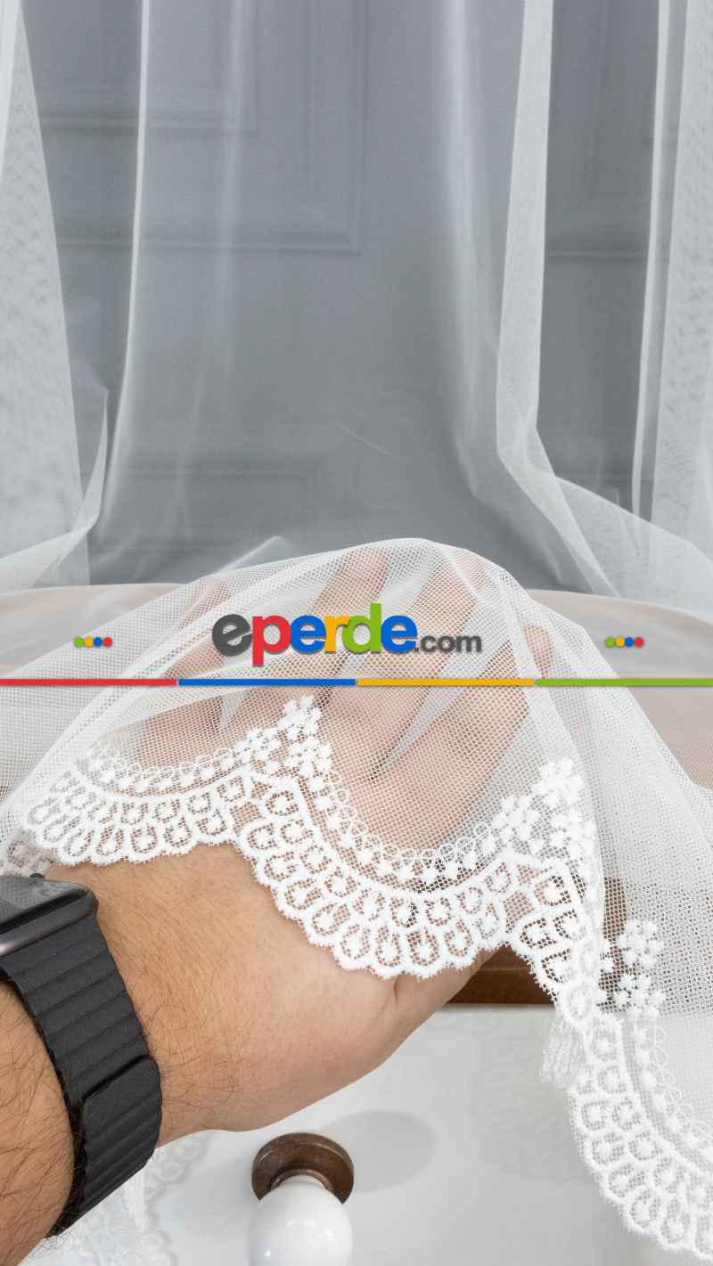 Mutfak - Etek Ucu Desenli Dantel Tül Perde- Ekru