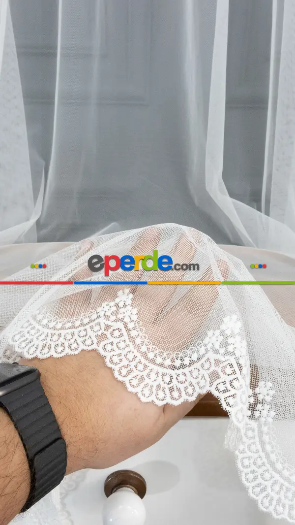 Salon - Etek Ucu Desenli Dantel Tül Perde- Ekru