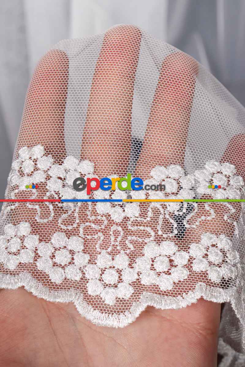 Grek Etek Ucu İşlemeli Nakış Tül Papatya Desen Ekru Renk Kırık Beyaz- Ekru - Kurşunlu Tül