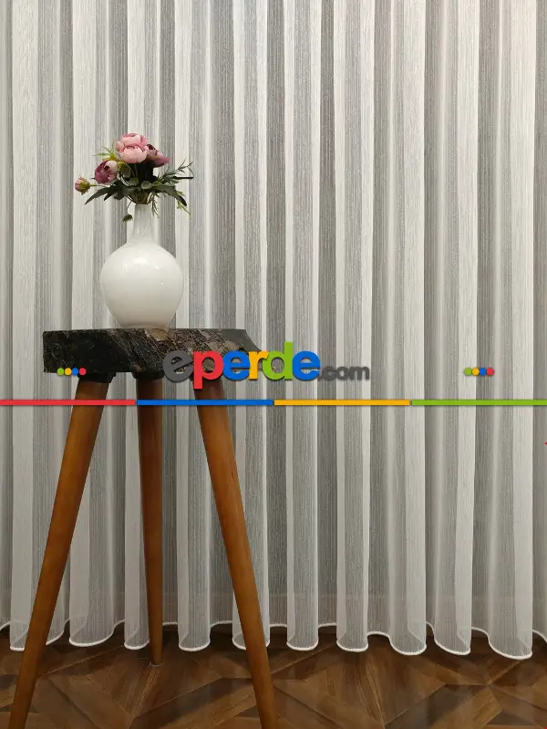 Ekru Boydan Çizgili Düz Armür Tül Perde - Ütü İstemez