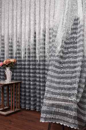 Genç Odası - Modern Çizgili Baskılı Örme Tül Perde- Gri ( Degrade Geçişli) 2022 Özel Seri