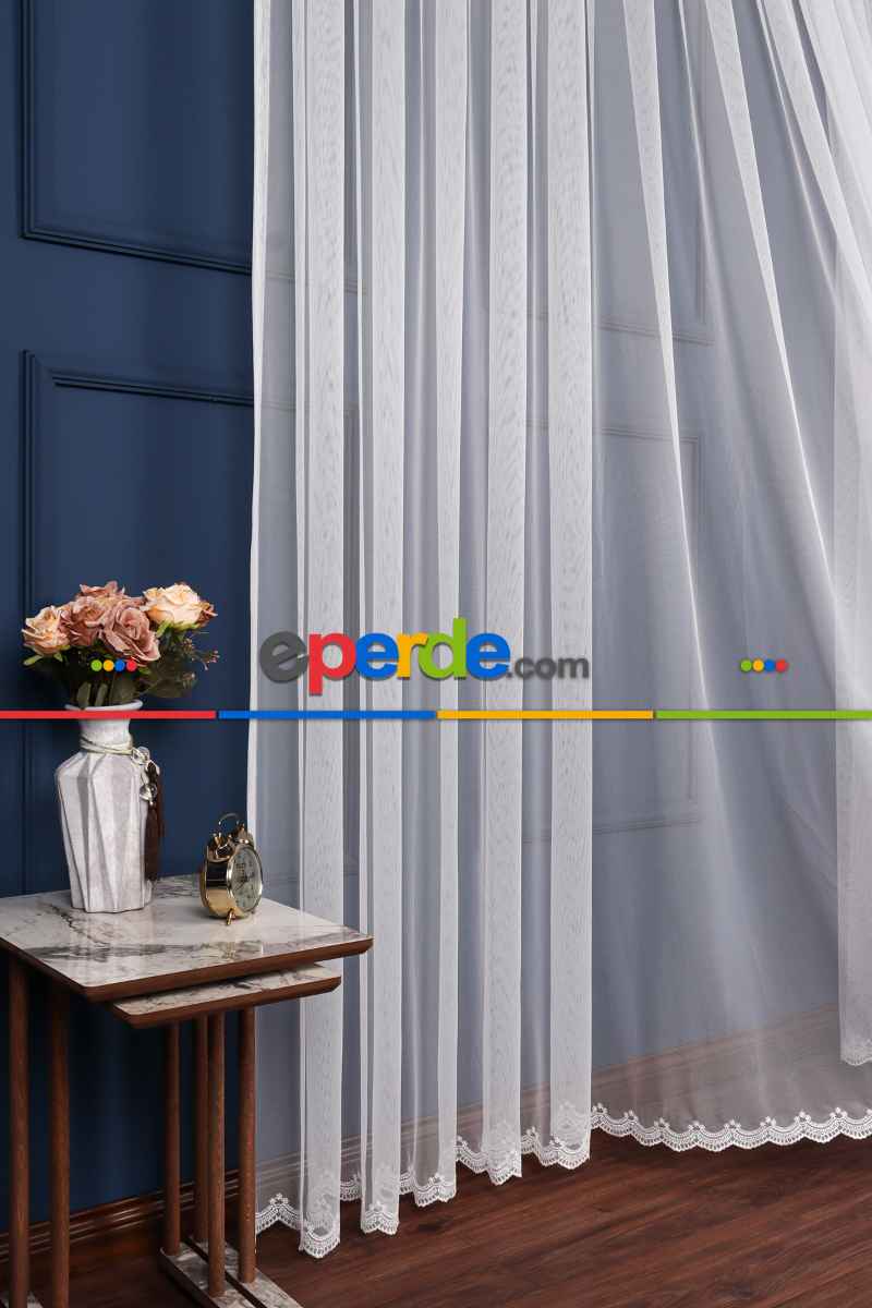 Grek Etek Ucu İşlemeli Nakış Tül Ekru Renk - Kırık Beyaz- Ekru