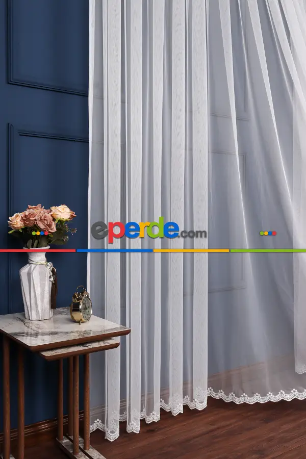 Grek Etek Ucu İşlemeli Nakış Tül Ekru Renk - Kırık Beyaz- Ekru