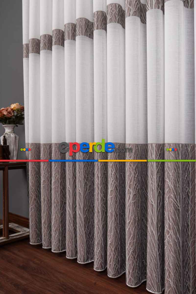 Salon Tül Modelleri - Keten Etek Dokuma Ekru-gri Tül Perde