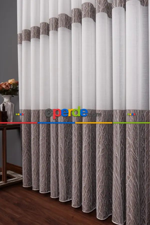 Salon Tül Modelleri - Keten Etek Dokuma Ekru-gri Tül Perde
