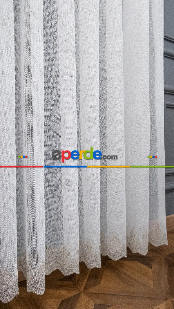 Salon Tül Perde - Şehrazat Fransız Danteli Etek Ucu Kahve Renk Nakışlı Örme Tül