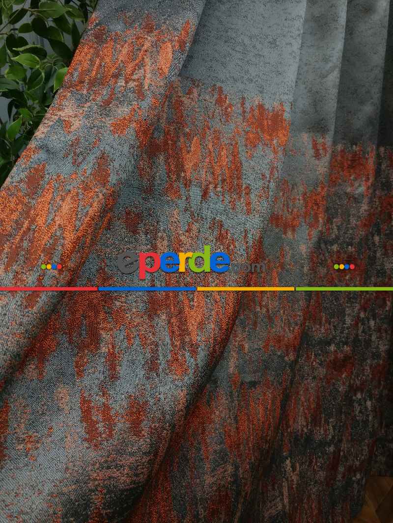 Patinedesenli Antrasit Kremit Jakar Fon Perde (180)- Kiremit Rengi