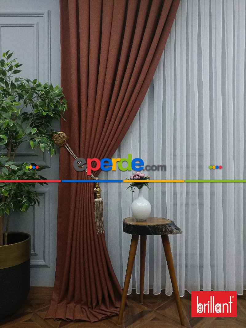 Brillant Keten Kiremit Renk Düz Fon Perde - Kiremit Rengi
