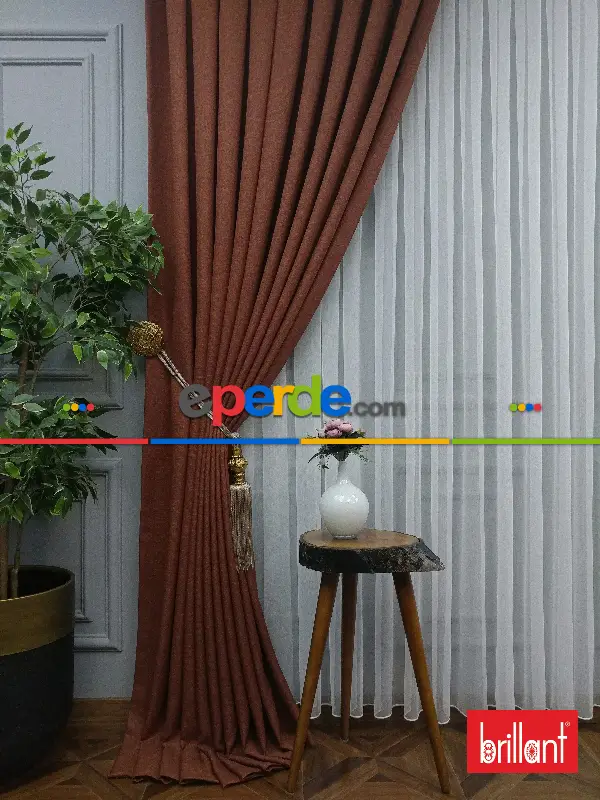 Yatak Odası - Brillant Keten Kiremit Renk Düz Fon Perde - Kiremit Rengi