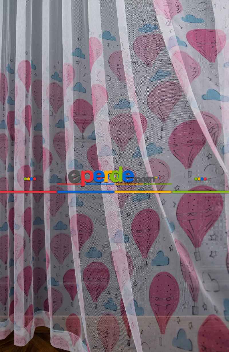 Hazır Ölçülü Petek Zemin Pembe Ve Mavi Renkli Balon Ve Bulut Desenli Grek Baskılı Tül Perde 190cm X 255cm 