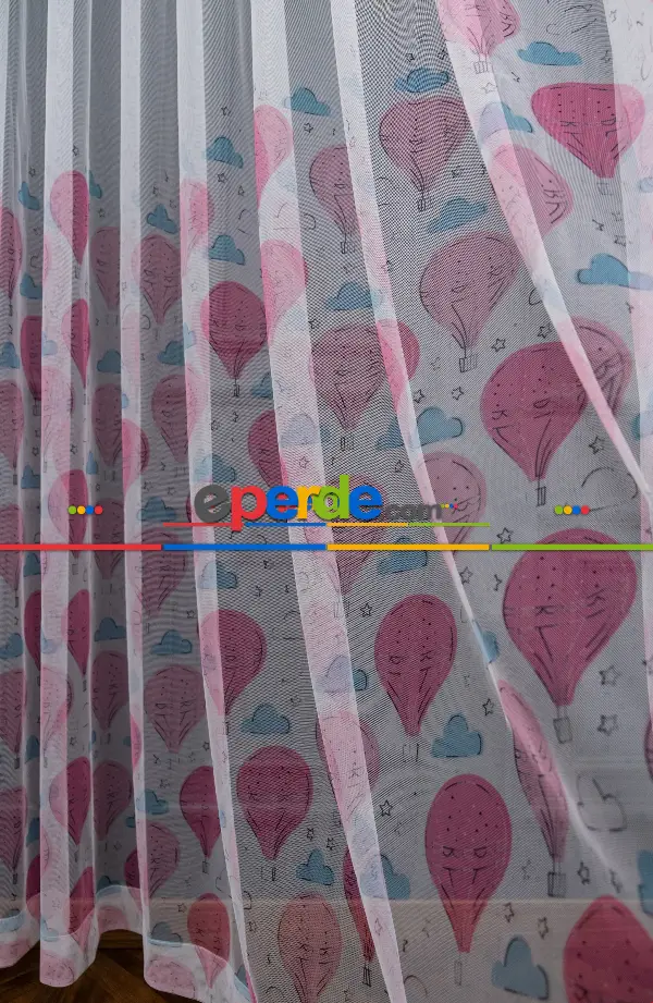 Hazır Ölçülü Petek Zemin Pembe Ve Mavi Renkli Balon Ve Bulut Desenli Grek Baskılı Tül Perde 190cm X 255cm 
