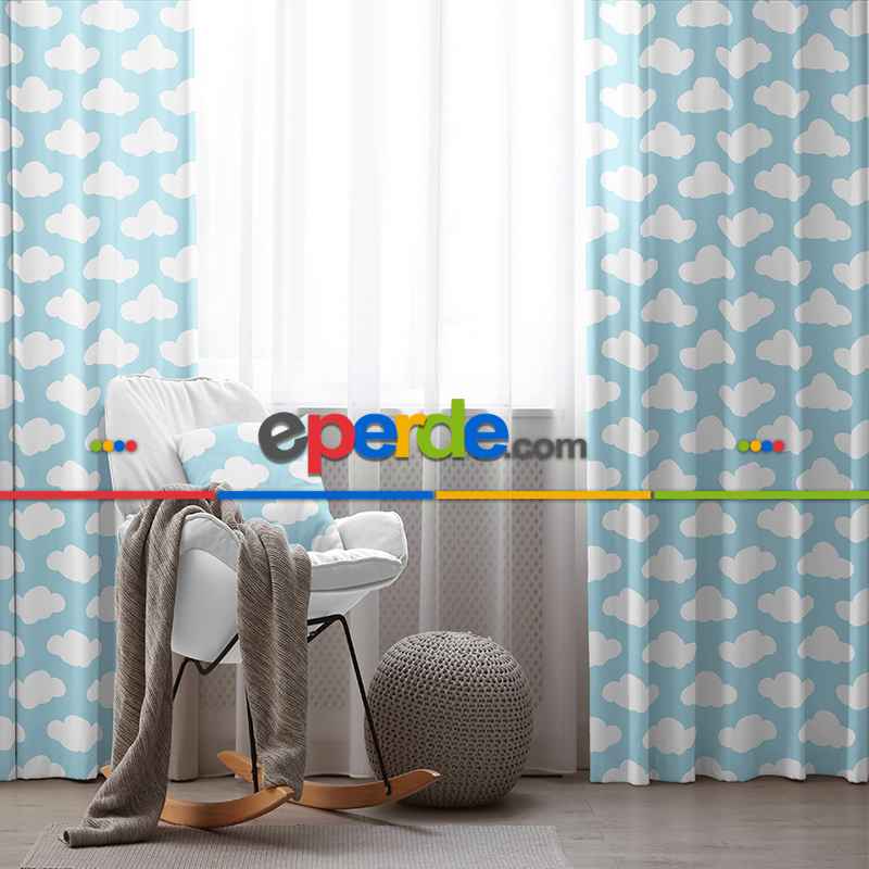 Bebek Bulut Desenli Fon Perde Evim 484-2 Kumaşı Kalındır Duck Bezi Değildir- Mavi-beyaz