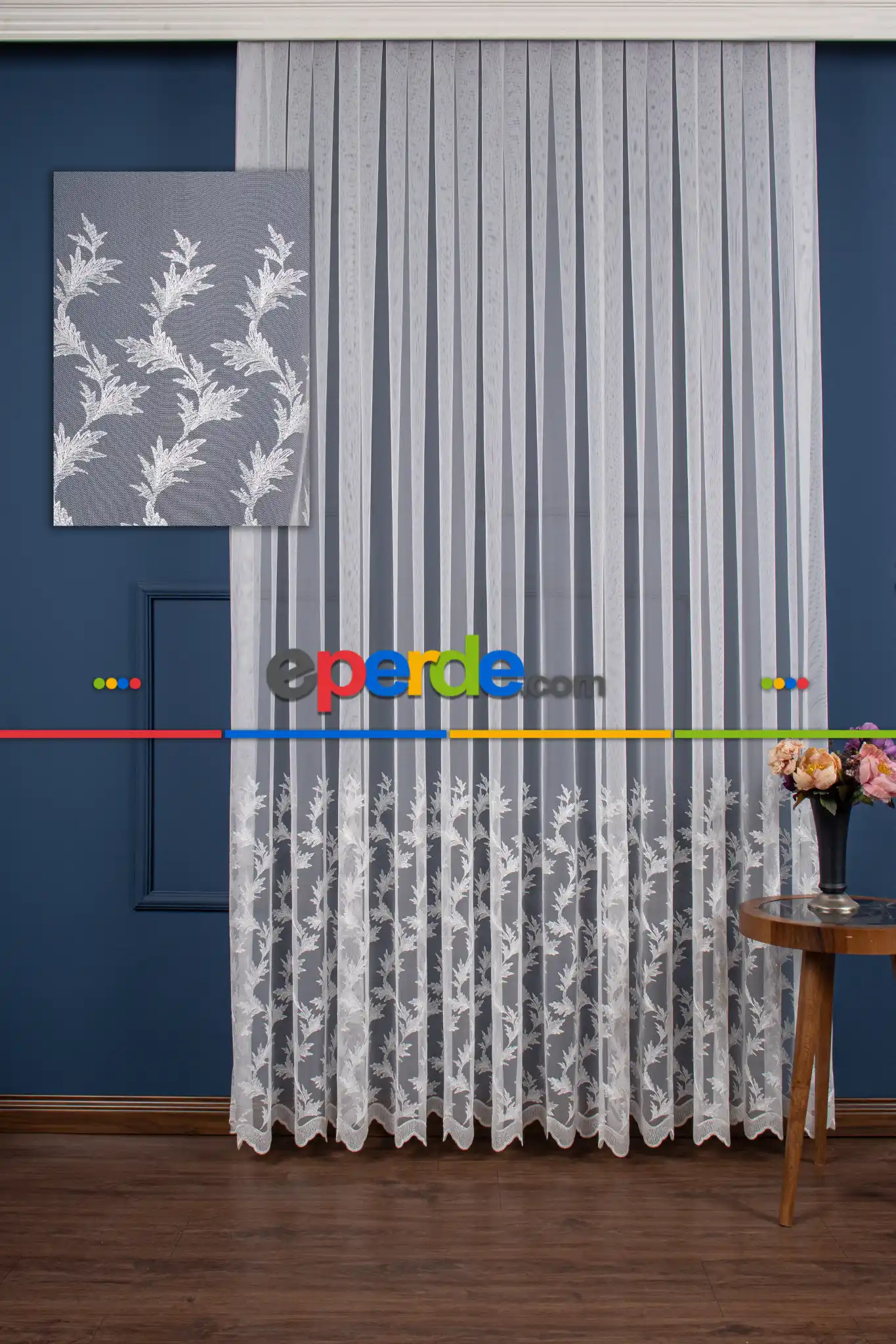 Salon Tül - Etek Geniş Desenli Nakış İşlemeli Tül Perde