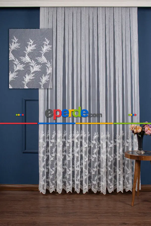 Salon Tül - Etek Geniş Desenli Nakış İşlemeli Tül Perde