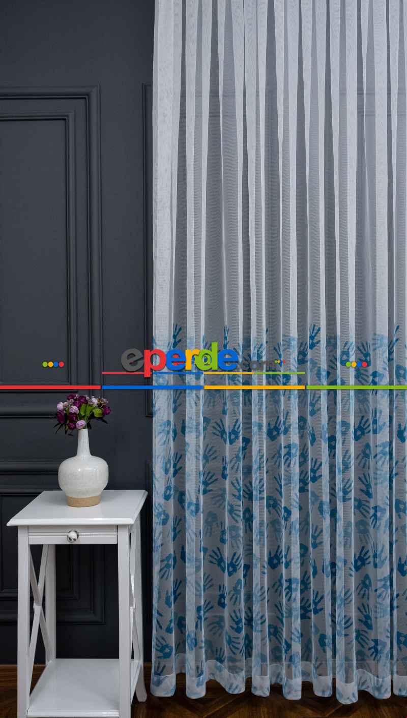 Hazır Ölçülü Petek Zemin Mavi Renkli Boyalı El Desenli Grek Baskılı Tül Perde 190cm X 255cm 