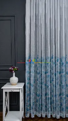 Hazır Ölçülü Petek Zemin Mavi Renkli Boyalı El Desenli Grek Baskılı Tül Perde 190cm X 255cm 