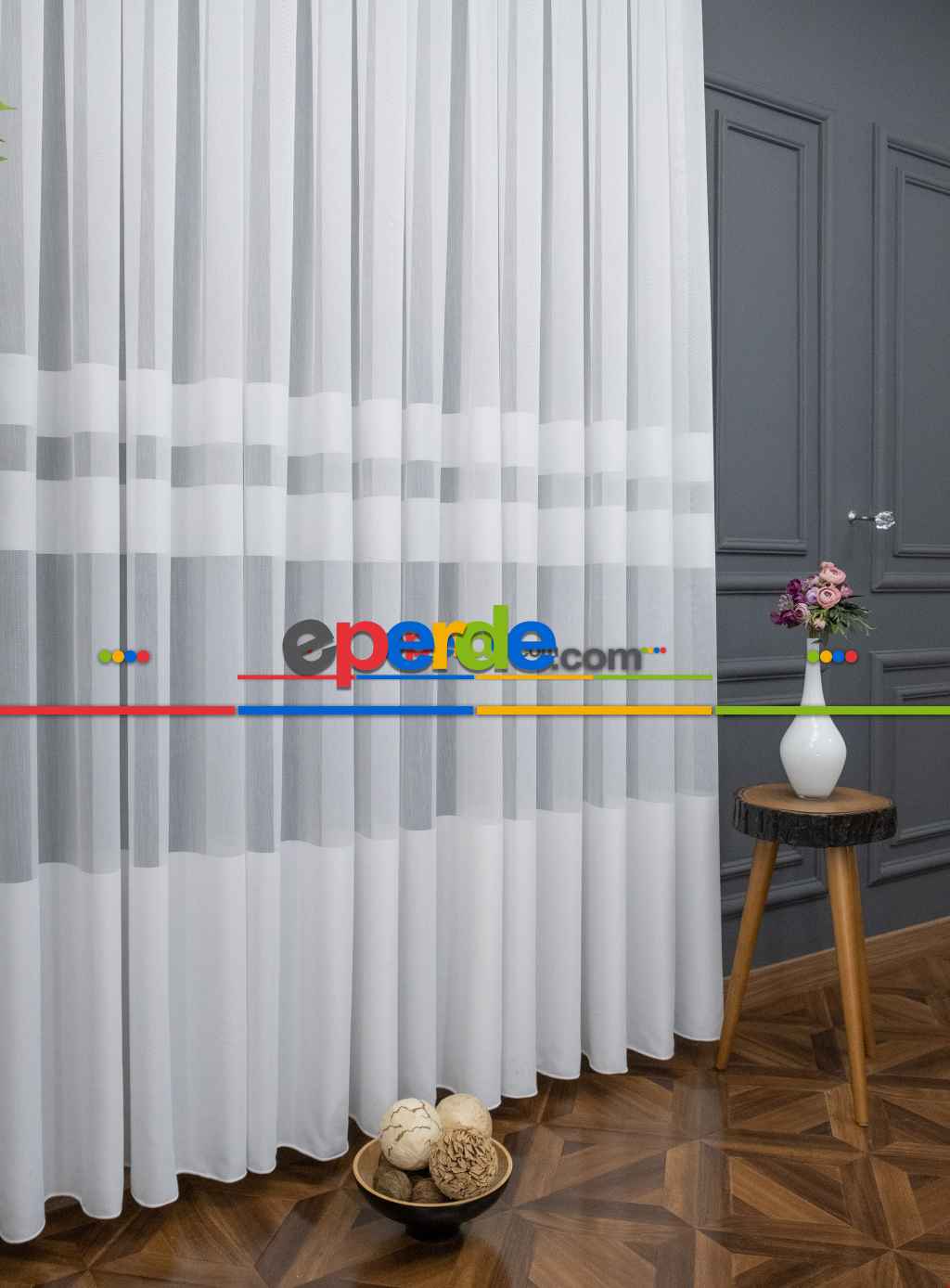 Hazır Ölçülü Ekru Bantlı - Tasarım Bambu Modern Tül Perde - Yüksek Kalite - Kurşunlu