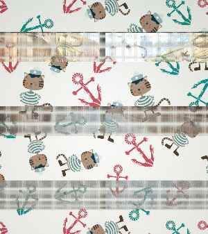 Bebek Odası Zebra -  Çapa Ve Denizci Kedi Desen Baskılı Zebra Perde- Yeşil-Kırmızı-Ekru