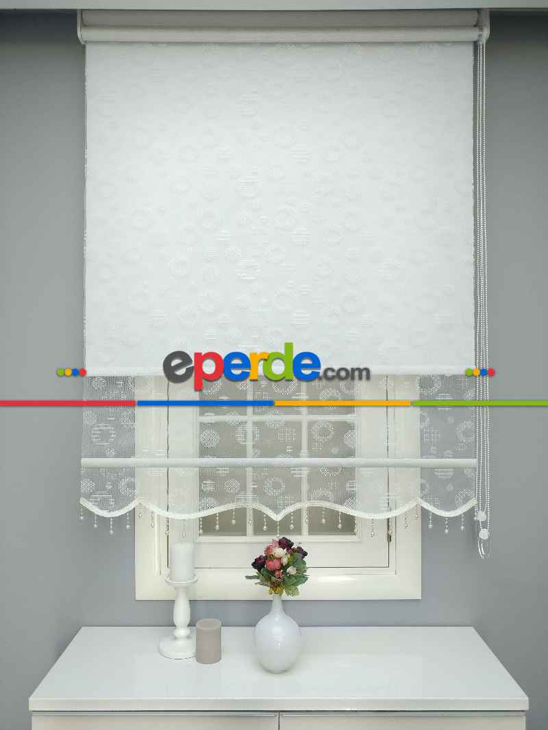 Çiftli Sistem Tül Ve Stor Perde - Dama Desen- Ekru Renk