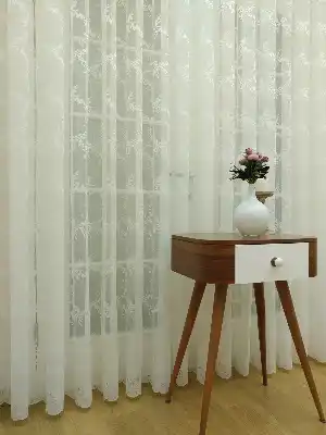 Ekru Örme Çiçek Desenli Tül Perde- Ekru