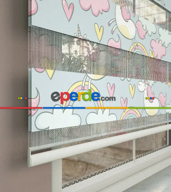 Unicorn Desenli Baskılı Zebra Perde- Çok Renkli
