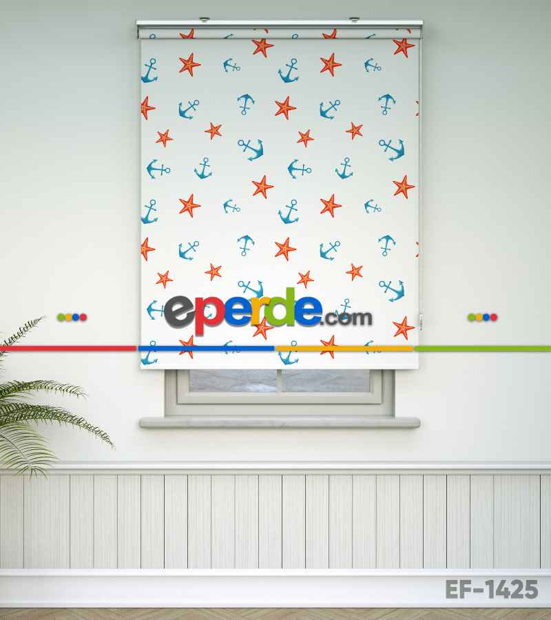 Genç Odası - Çapa Desenli Baskılı Stor Perde- Çok Renkli