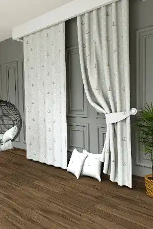 Dökümlü Kumaştan Çapa Ve Puantiye Baskılı Fon Perde-gri Açık-gri Koyu