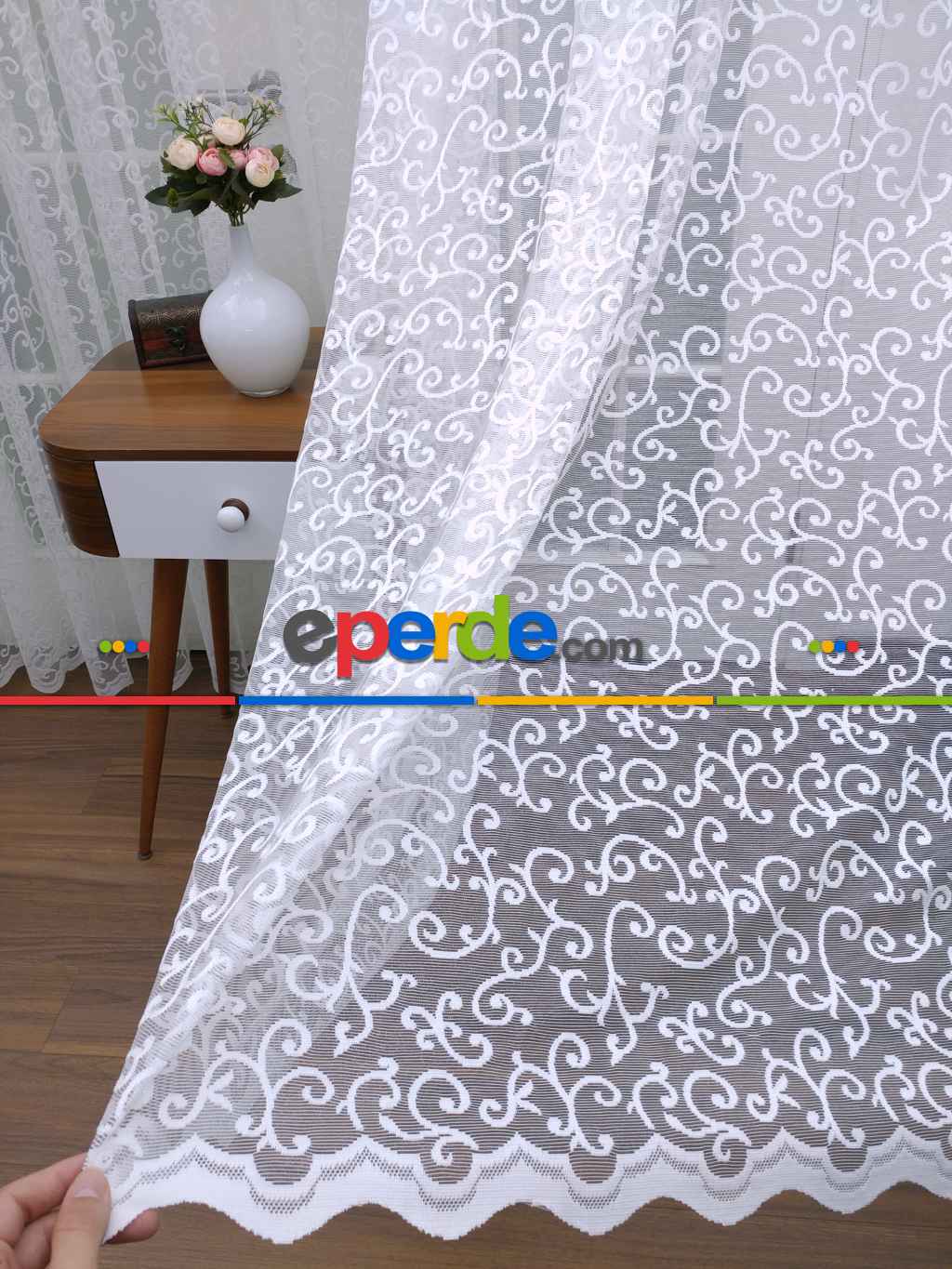 Ekru Desenli Tül Perde- Ekru