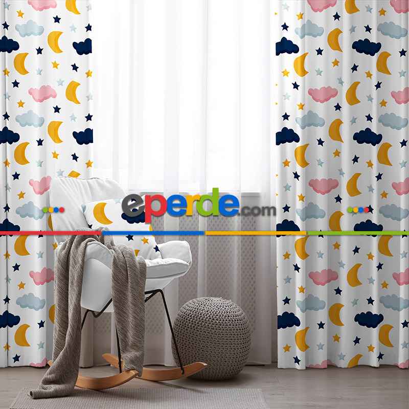 Gökyüzü Bulut Desenli Fon Perde Evim835 Kumaşı Kalındır Duck Bezi Değildir- Mavi-beyaz