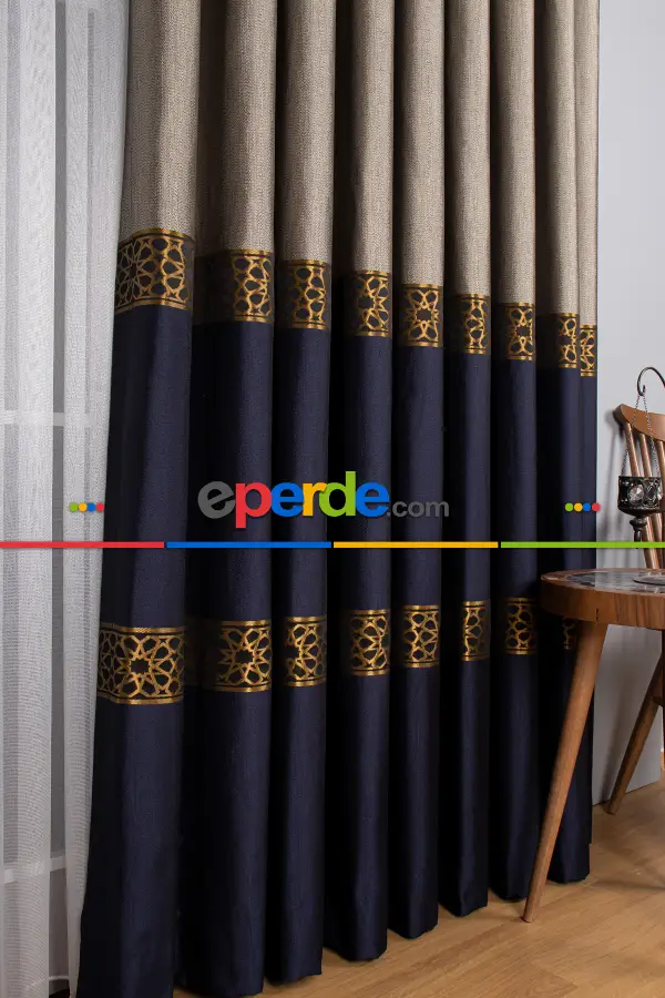 Modern Pano Fon Perde - Lacivert - Altın -vizyon 50cm X 1cm 