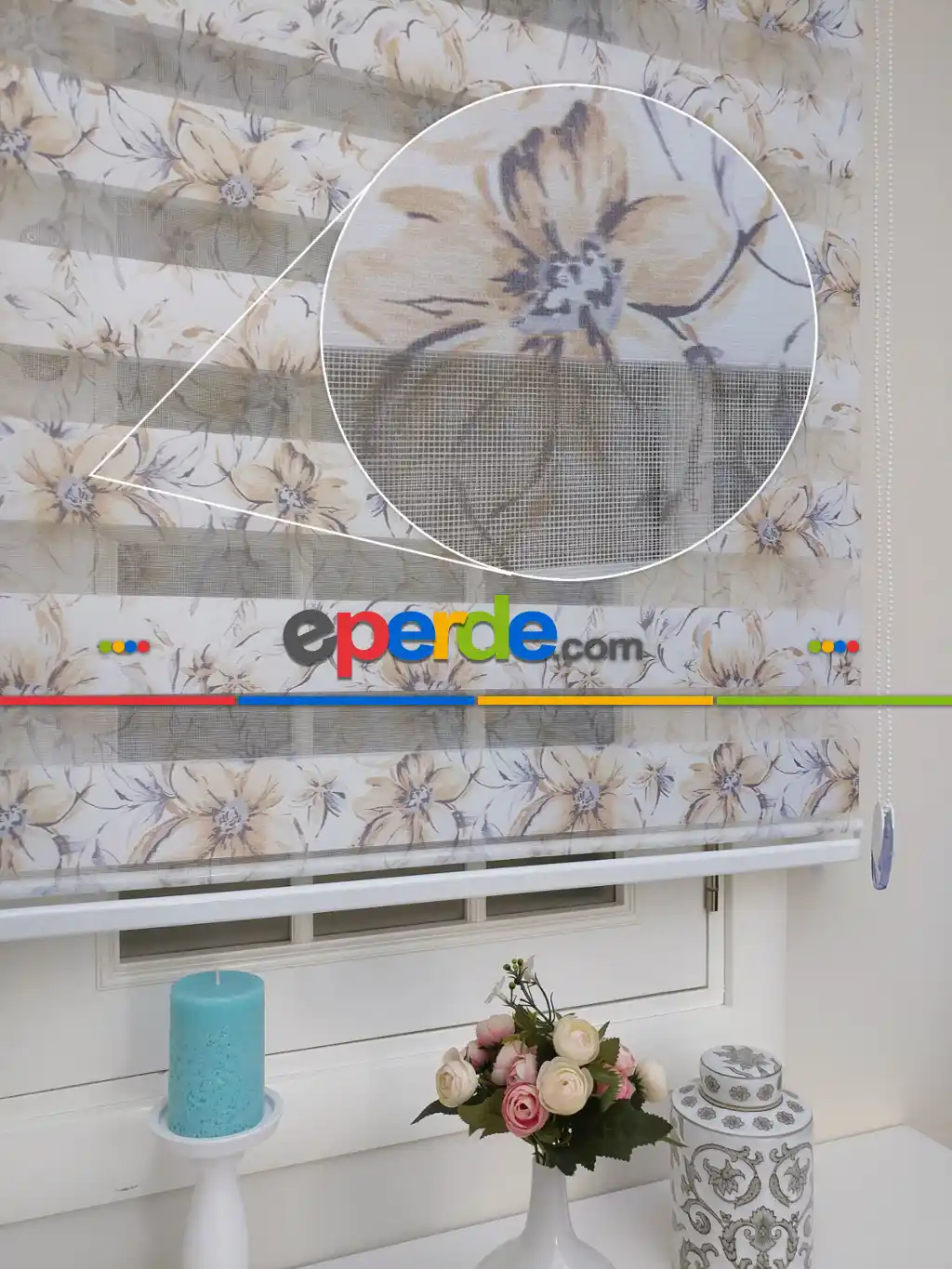 Çiçek Baskılı Zebra Perde- Mavi-Beyaz-Kahve Açık