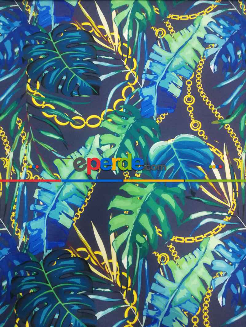 Tropikal Yaprak Desenli Fon Perde Evm1008 Kumaşı Kalındır Duck Bezi Değildir- Yeşil-Mavi