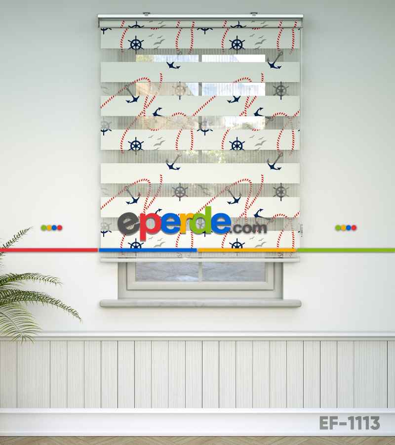 Bebek Odası Zebra Perde - Çapa Baskılı Zebra Perde- Mavi-Kırmızı-Beyaz