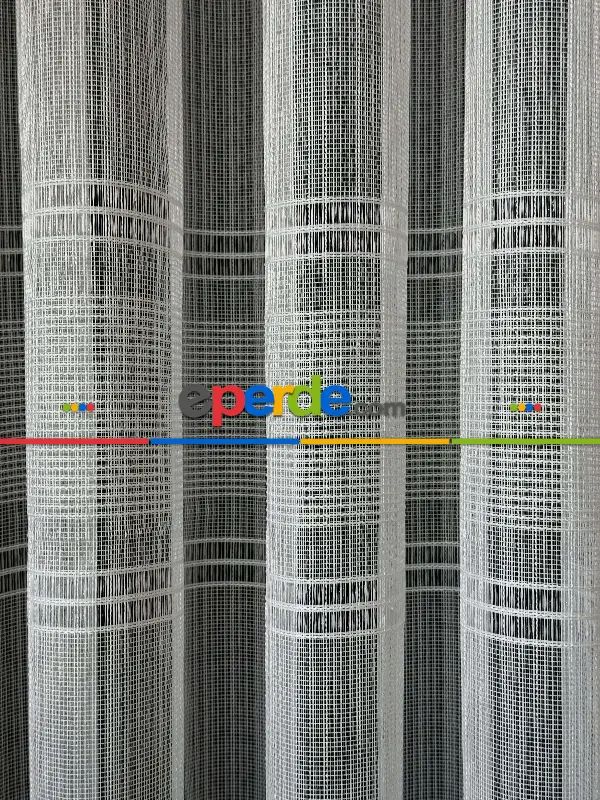 Yatak Odası Ekru Zincir Çizgili Desen Tül Perde - Yüksek Kalite Kurşunlu Tül