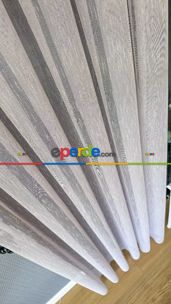 Bebek Odası Tül Perde - Pudra Pembe Çizgili Naturel Keten Düz Tül Perde - Premium Kalite Serisi, Eteği Kurşunlu Tül