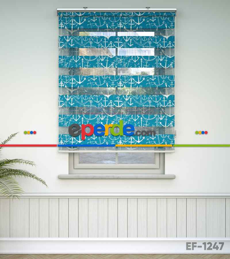 Çocuk Odası Zebra Perde - Çapa Baskılı Zebra Perde- Mavi-Beyaz