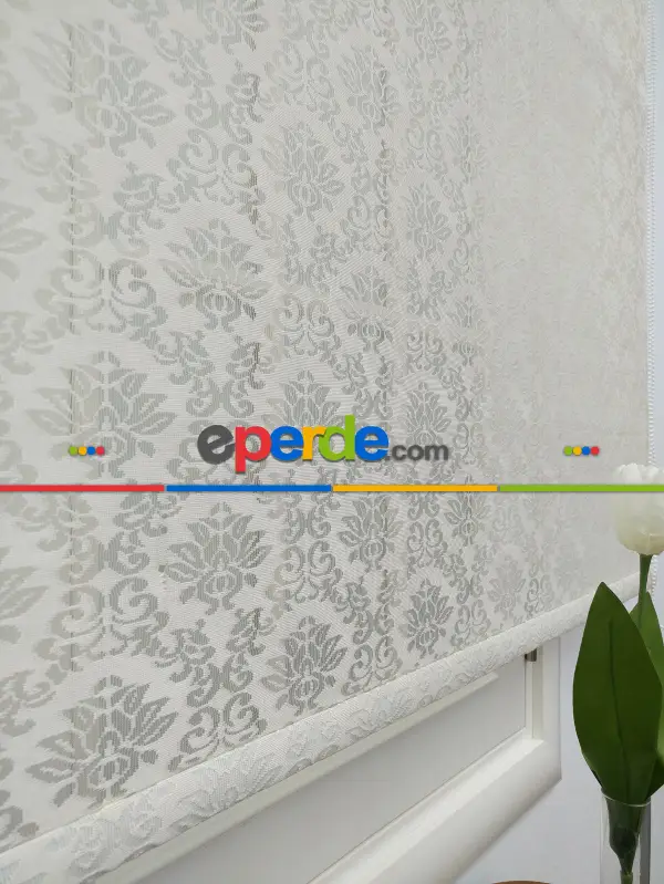 Jakar Örme Tül-alvina 805 Krem Çiftli Sistem Dantel Desenli Perde- Krem