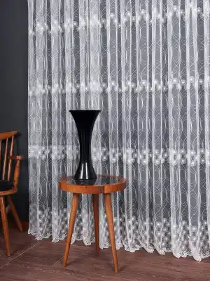 Şeritli Papatya Nakış İşlemeli Brode Tül Perde