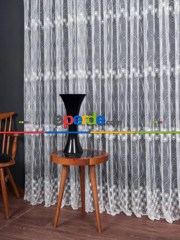 Şeritli Papatya Nakış İşlemeli Brode Tül Perde