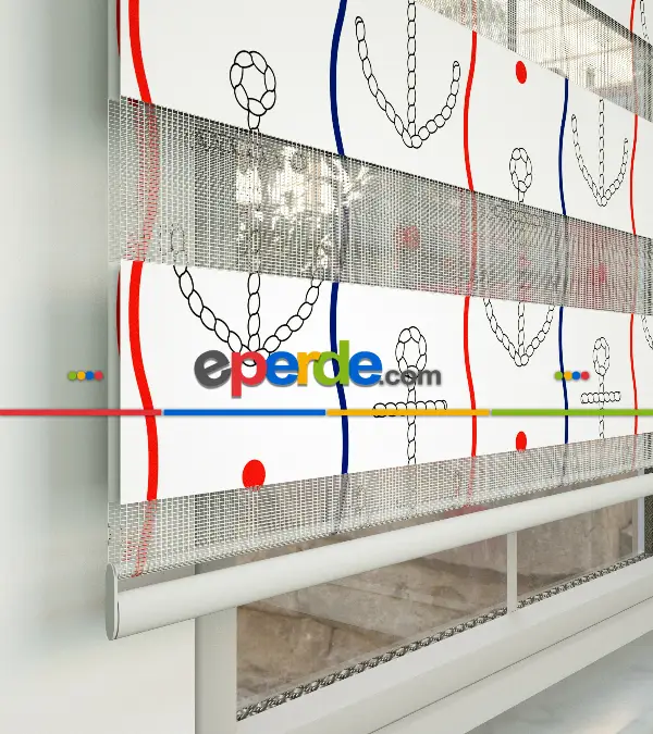 Bebek Odası Zebra Perde - Çapa Desen Baskılı Zebra Perde- Lacivert-Kırmızı